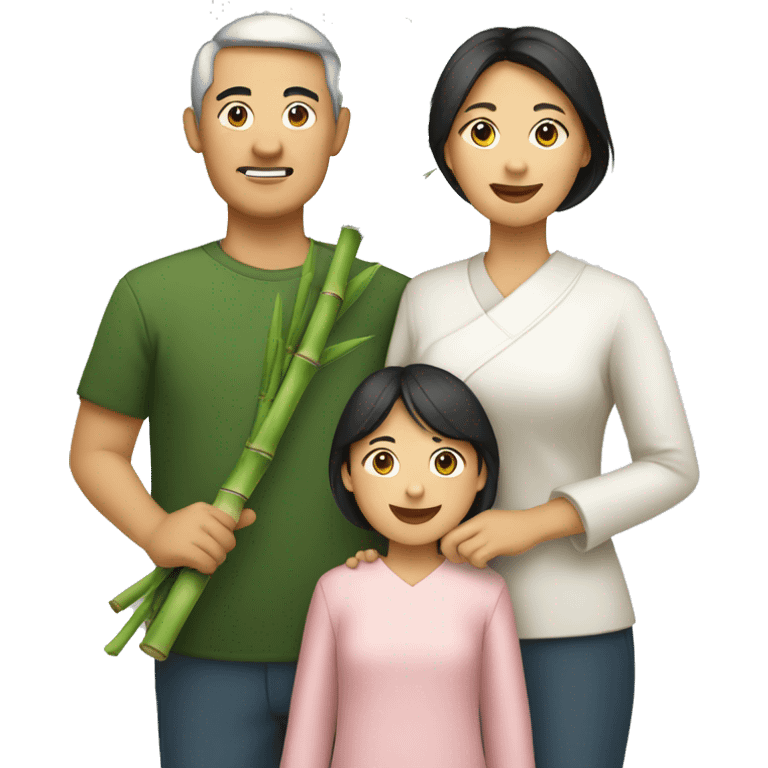 Asian mom,dad,and daughter holding bamboo emoji