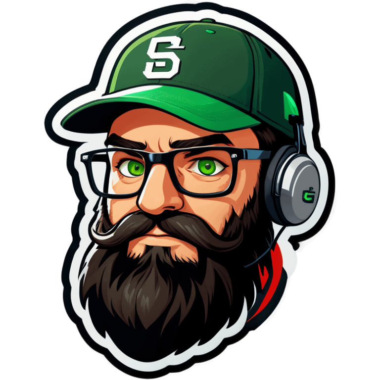 A man with a grey baseball cap, green eyes, big dark brown beard and glasses, gamers headset emoji