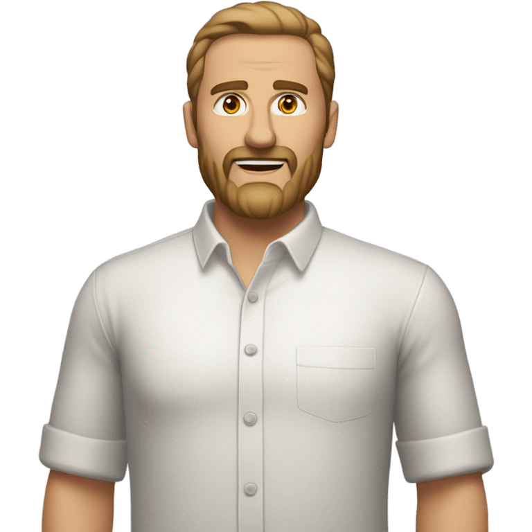 middle aged english man, short slicked back hair dark blonde, dark blonde medium length size full beard, wearing only a plain white smart shirt unbuttoned. emoji