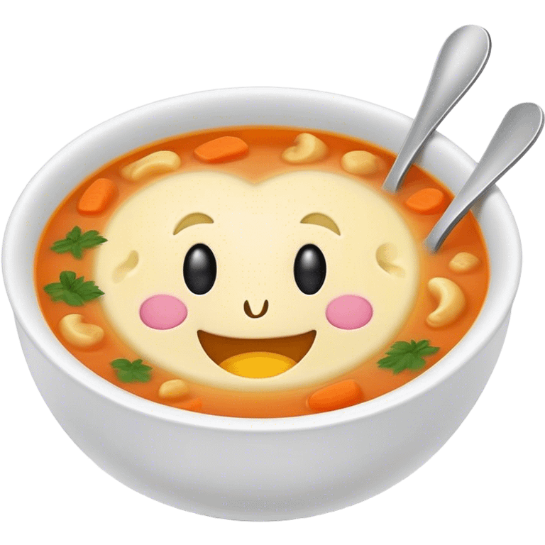 a bowl of soup with a happy face in the soup looking out emoji