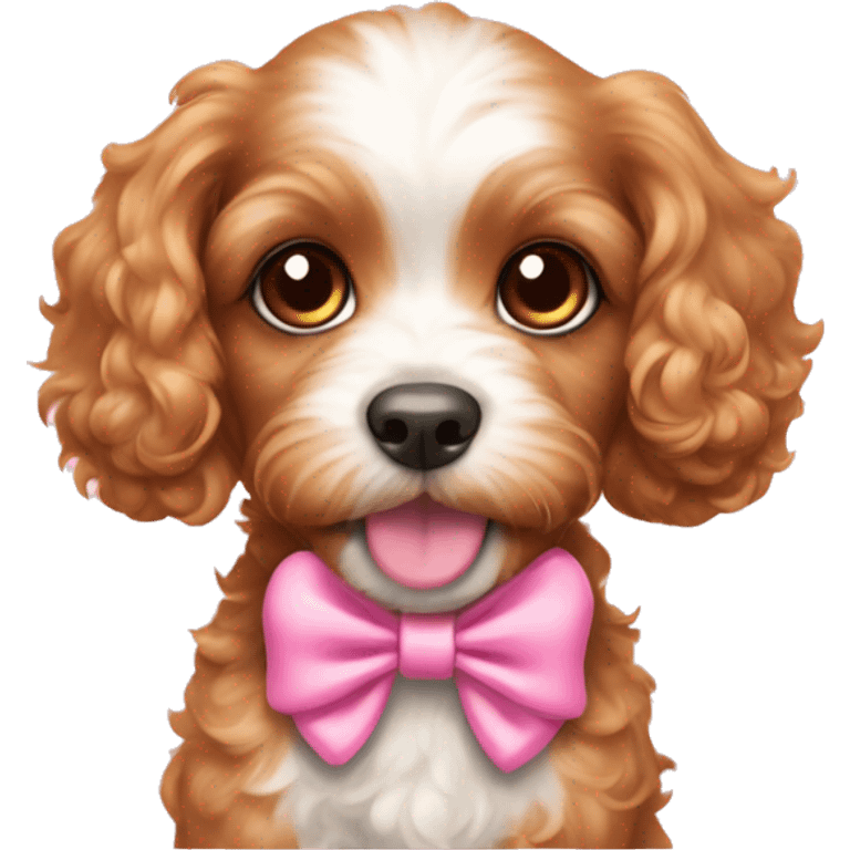 Cavapoo puppy with a pink bow on each ear emoji