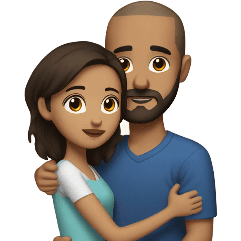 Comforting hug from brunette Puerto Rican with dark brown eyes to short, bald man with brown eyes and a beard emoji