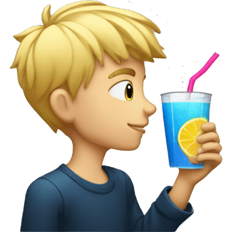 A blonde boy sucking juice with a straw while his hand is holding the drink, profile view emoji