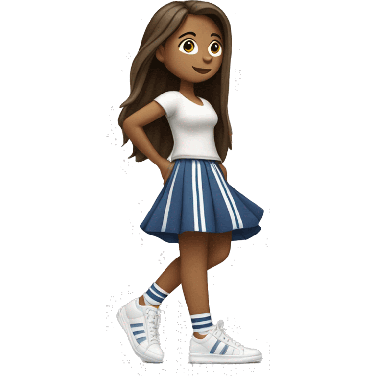 girl with long brown hair and long flowy skirt and sneakers with adodas stripes, from profile,  lifting one leg backward body emoji