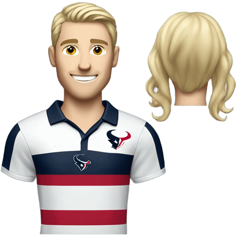 Skinny Caucasian male blonde combed over hair smiling wearing a Houston Texans polo emoji