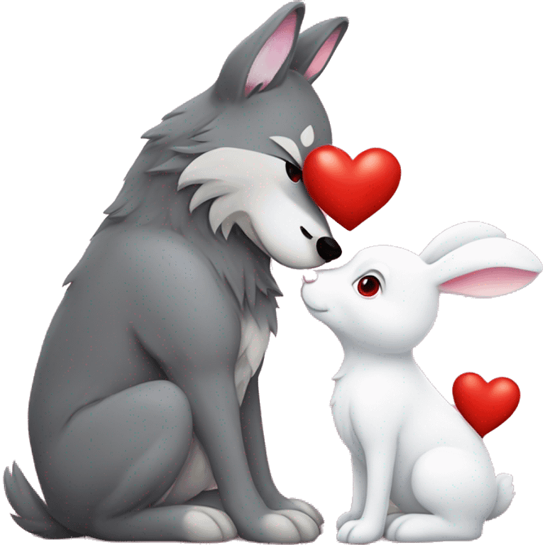 Old big Wolf kisses a white little Bunny who has pink ears, with big red heart between them emoji