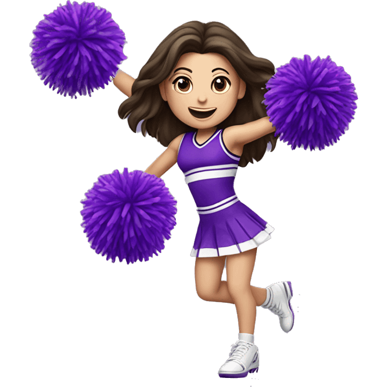 Caucasian cheerleader with long dark brown hair, jumping and holding up two purple Pom poms, small full body emoji emoji