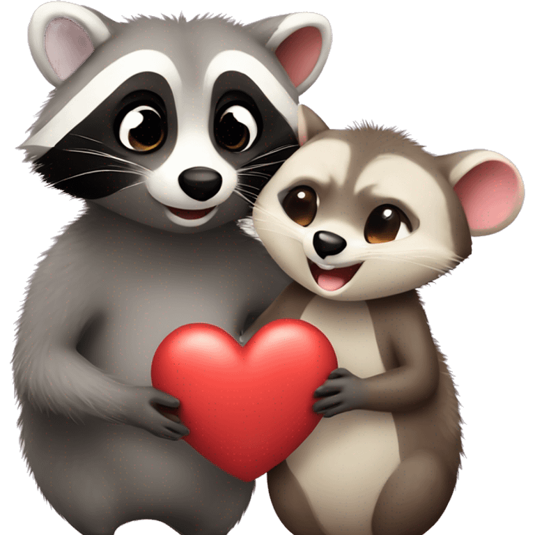 Raccoon and opossum cute couple in love with heart emoji