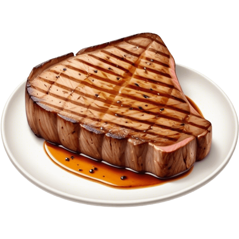 Cinematic thick-cut scotch t-bone steak, perfectly seared with grill marks, a grilled center, rich and savory, warm glow, sizzling and mouthwatering, highly detailed and appetizing. emoji