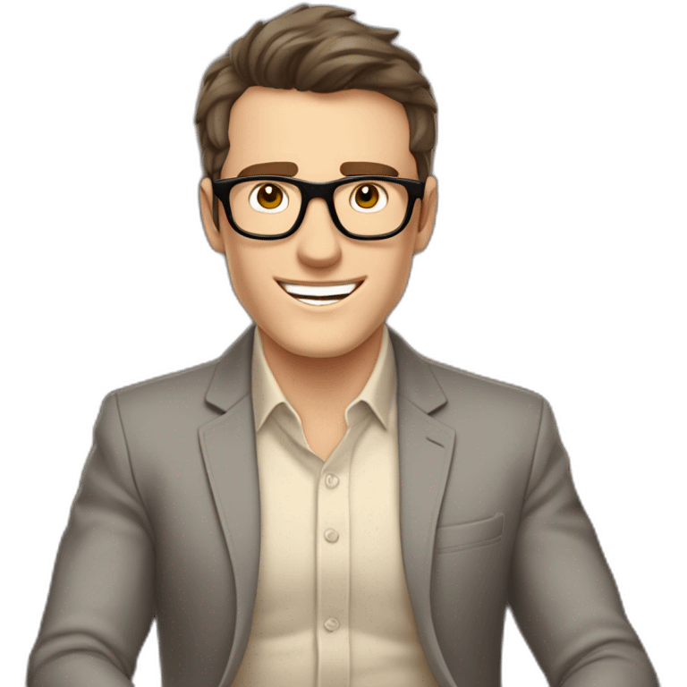 Joyful Celebrating victory Hands up Pale skinned Fit Man With dark brown hair in gray jacket, beige office shirt, Brown pants and vintage glasses sitting In a soft chair emoji