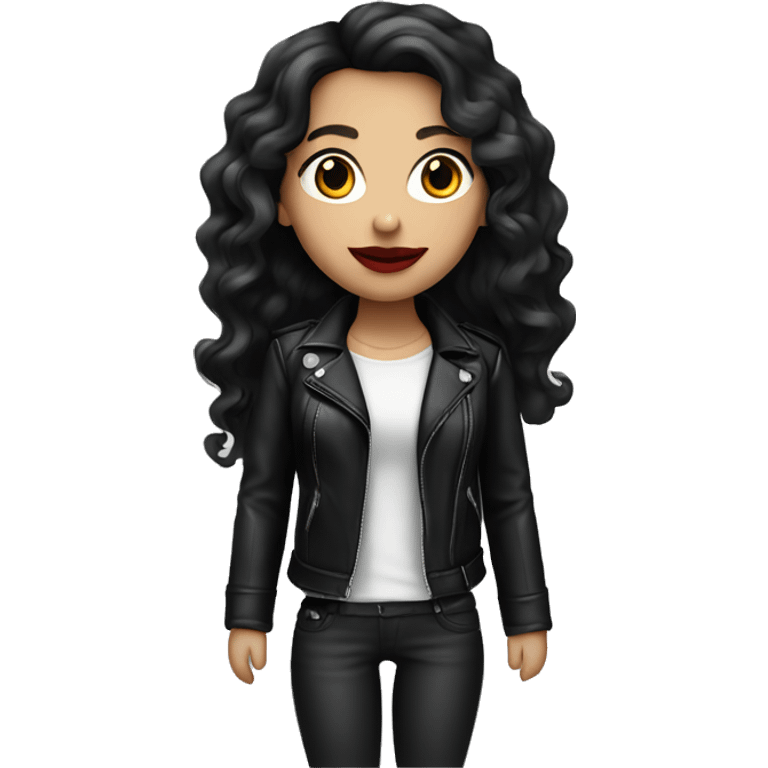 White girl, with long curly black hair, with red lipstick, wearing leather jacket emoji