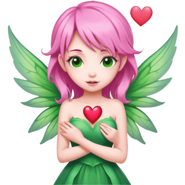 pink hair, pink wing fairy in green dress heart emoji