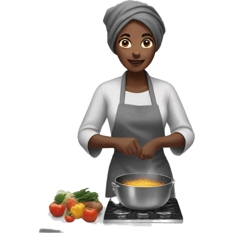 Black woman cooking in kitchen in a gray robe emoji