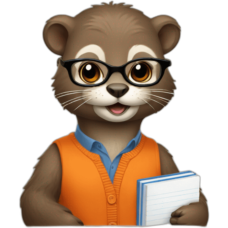 Otter in an orange cardigan with round glasses holding multiple journals, planners and pens emoji