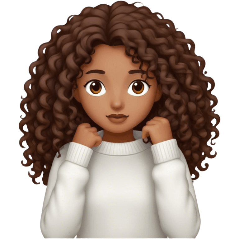 Girl with long curly hair with brown skin and dark brown eyes wearing a white sweater emoji