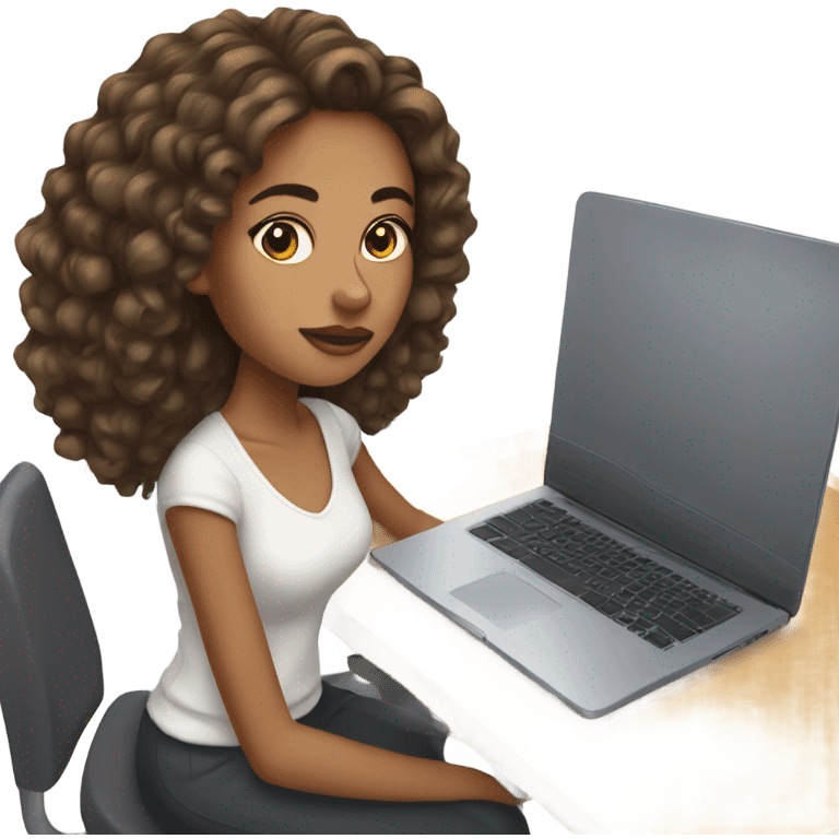 Mixed girl with brown hair in a half up half down hairstyle typing on laptop emoji