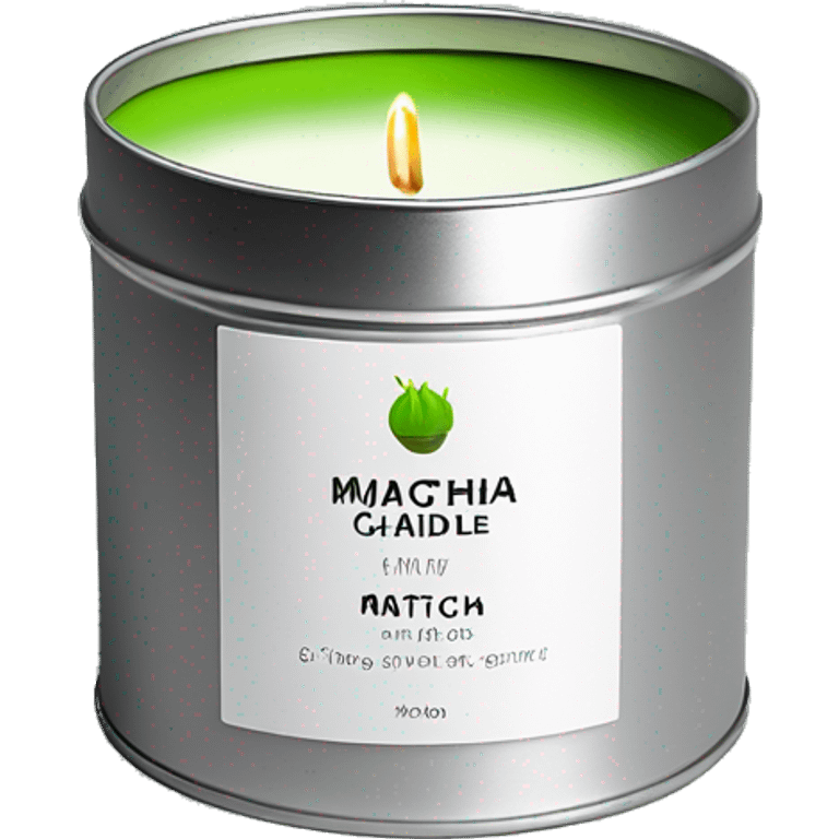 matcha scented candle in a silver tin with a small white label realistic emoji