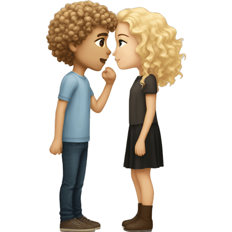 Short curly haired brunette boy with light skin kissing long haired blonde girl emoji