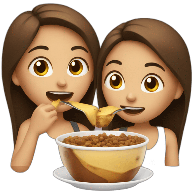 two girls eating brown stuff from one cup emoji