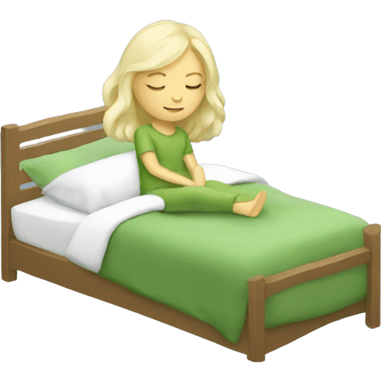 white blonde girl sleeping cozy in matcha green bed emoji