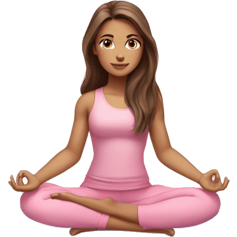 Brunette long hair and blue eyes yoga beautiful girl in light pink pink pink clothes sitting on a yoga mat emoji