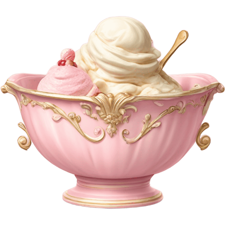 highly detailed vintage pale pink rococo bowl with ice cream emoji