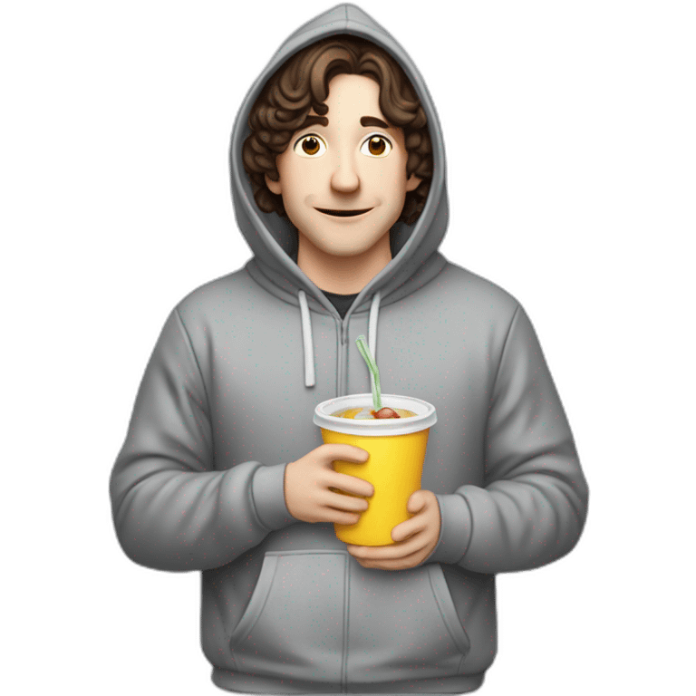 Bighead josh brener from silicon valley in hoodie sittin holding a big gulp emoji