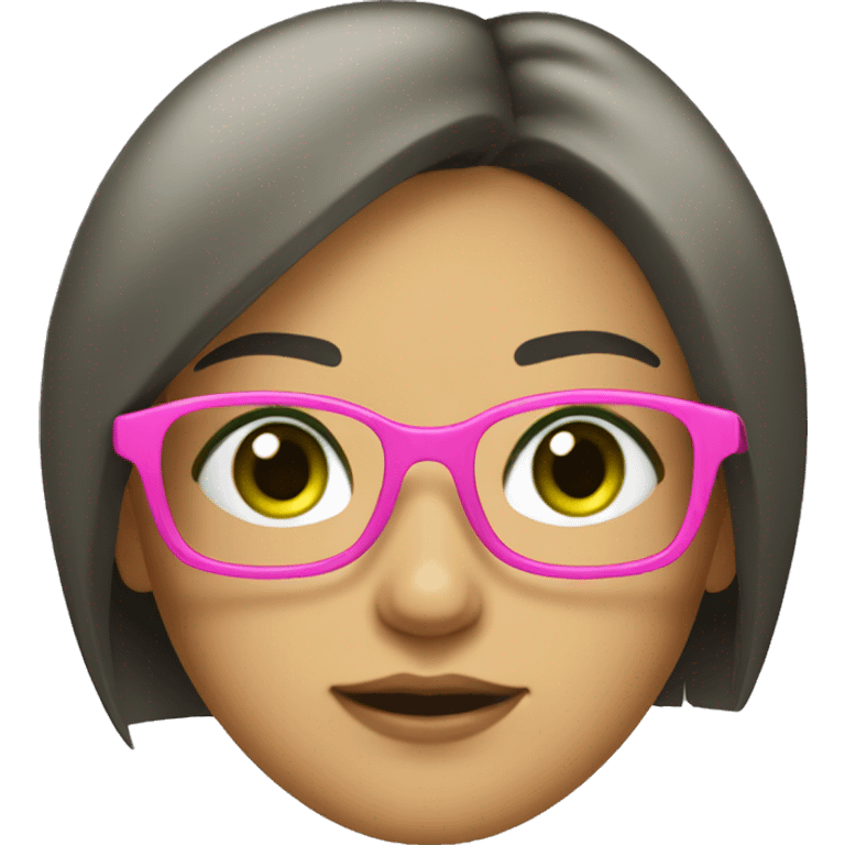 Italian girl, dark hair, green eyes, hair bang and big pink glasses square shaped emoji