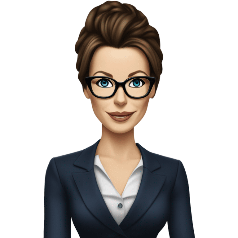 Hyper Realistic Kate Beckinsale dark blue eyes wearing glasses in a business dress drinking coffee happy  emoji