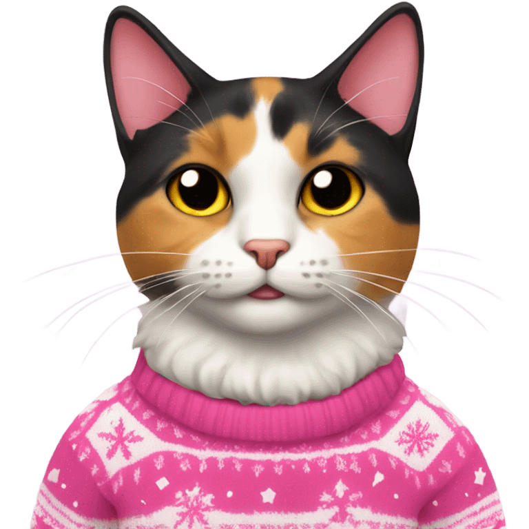 Calico cat wearing pink Xmas sweater emoji