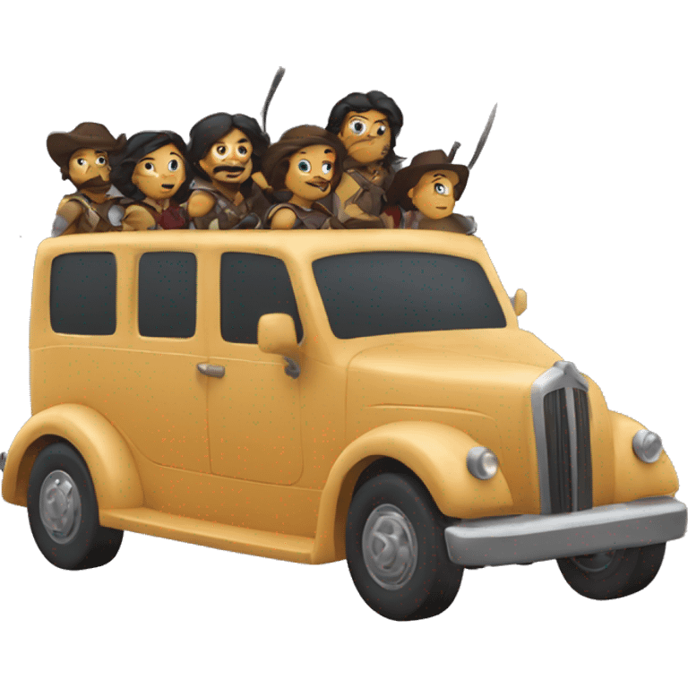 6 musketeers driving a semi, no weapons, racial mix, male & female emoji