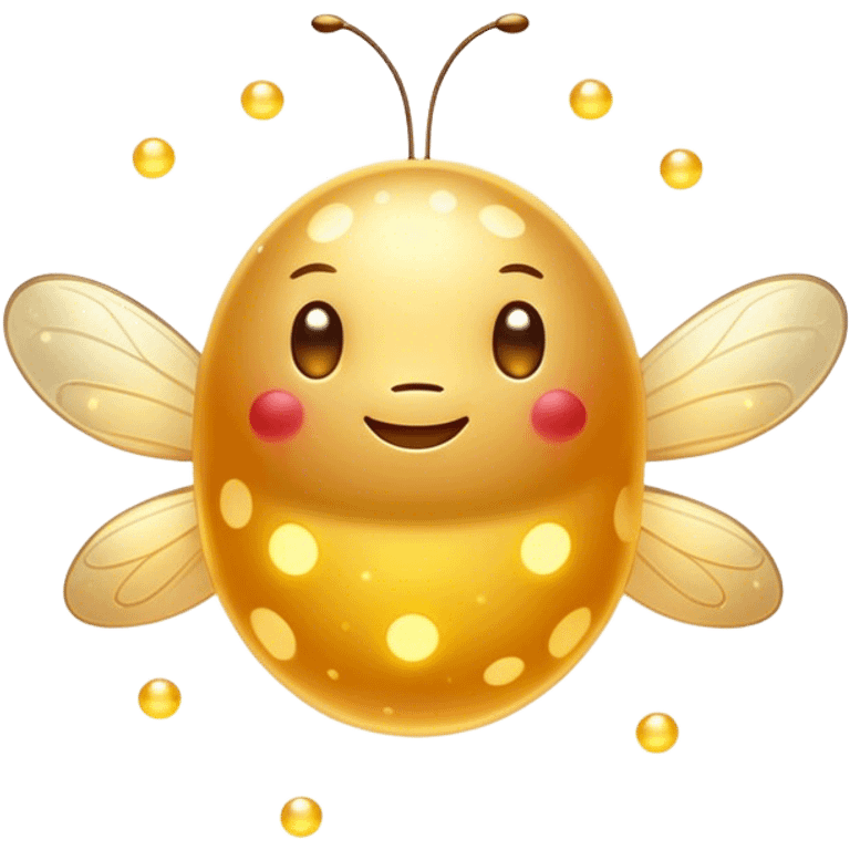 Cinematic tiny glowing firefly, round and chubby, soft golden light, tiny happy face, gentle floating motion, surrounded by dreamy sparkling dots. emoji