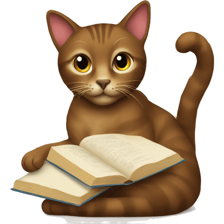 Brown cat sitting with a book emoji