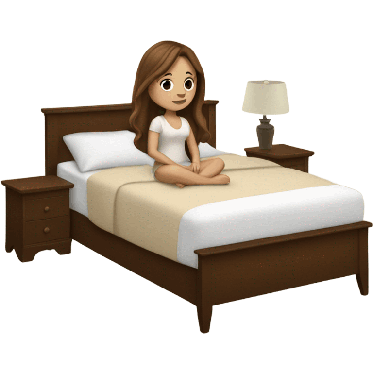 white girl with long brown hair in a bed with beige comforter emoji