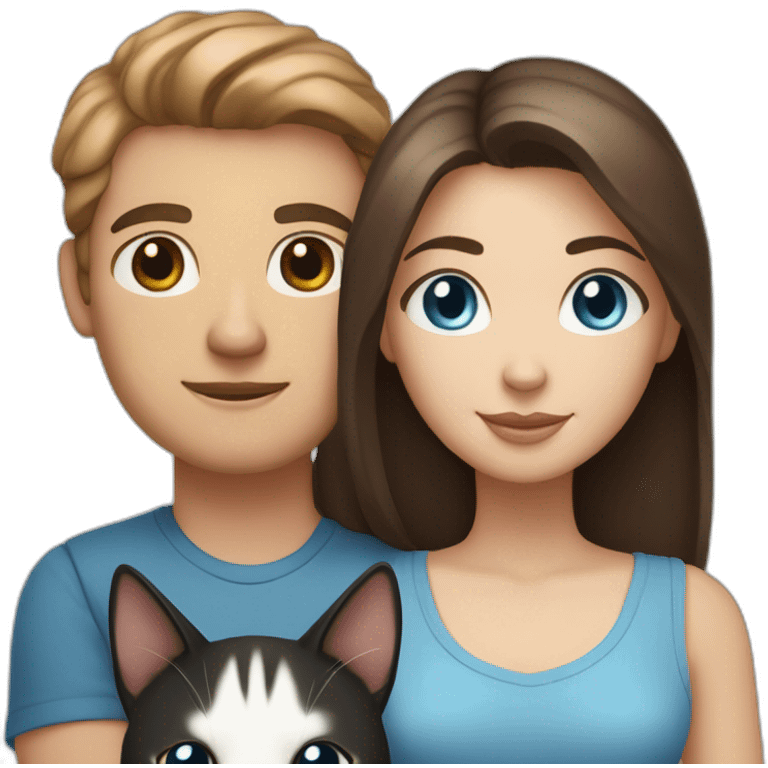 a dark-haired white man with brown eyes and a girl with light brown hair and blue eyes are holding hands and black and white cat and gray emoji