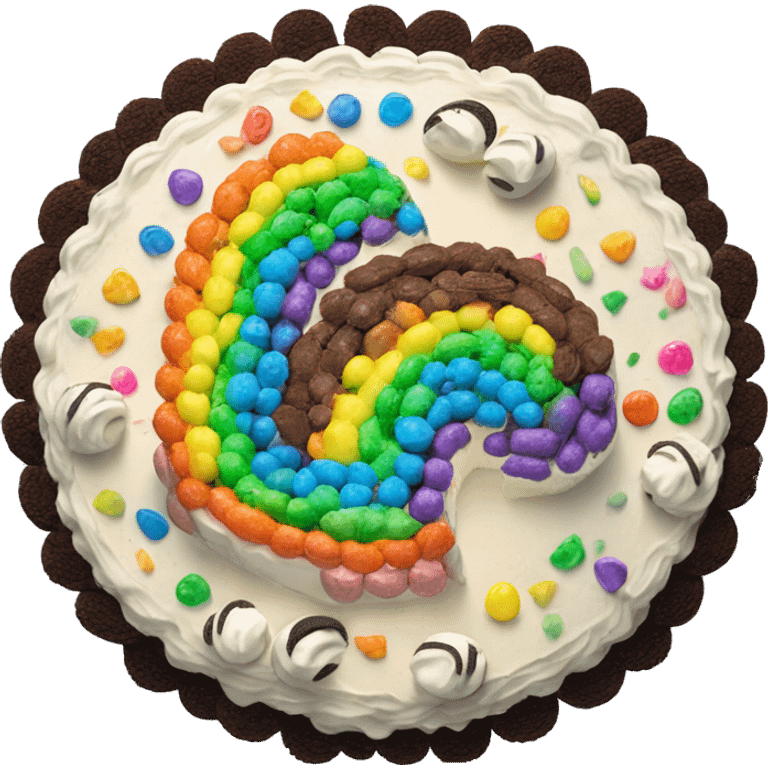 Classic round Rainbow cake with chocolate frosting and vanilla frosting with Oreos on top emoji