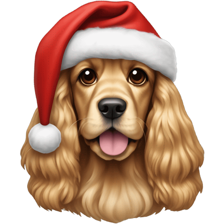 golden English cocker spaniel wearing a Santa hat emoji