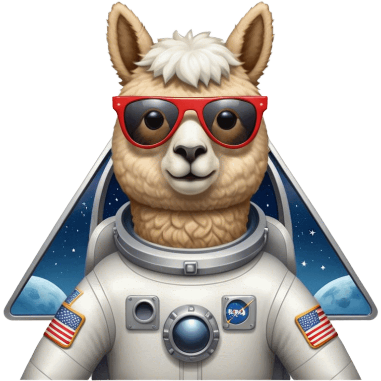 alpaca with sunglasses in rocketship flown to the moon emoji