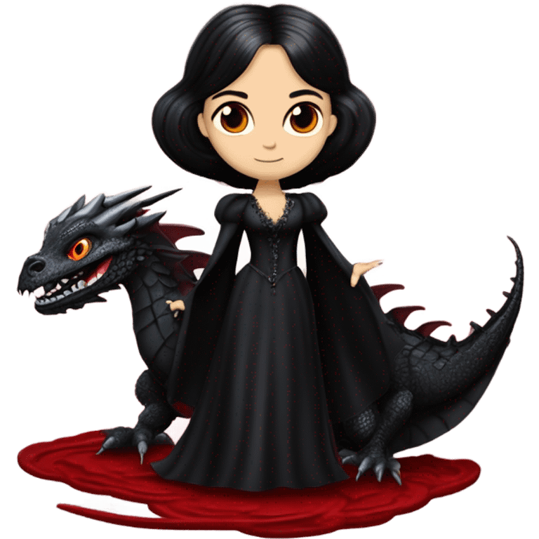 Lavish Victorian evening gown with gloves, Jenna Ortega as Morticia Addams Jedi wearing a mini tiara, riding on the back of a very large blood red evil-looking horned firedragon emoji