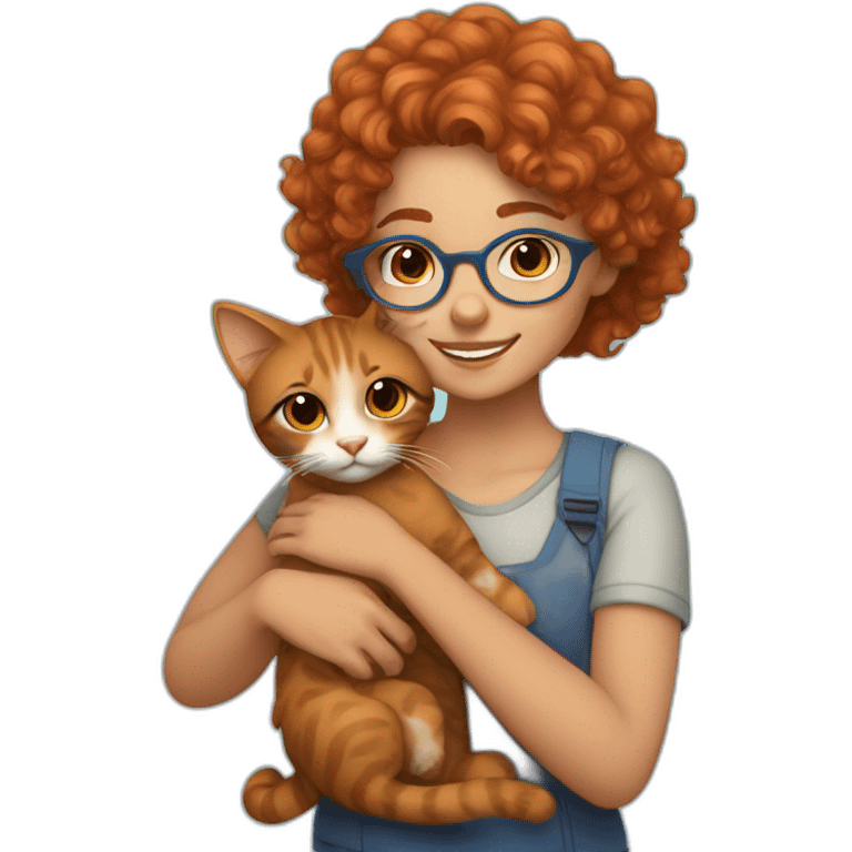 a pretty girl with curly copper hair and blue glasses hugging a cat emoji