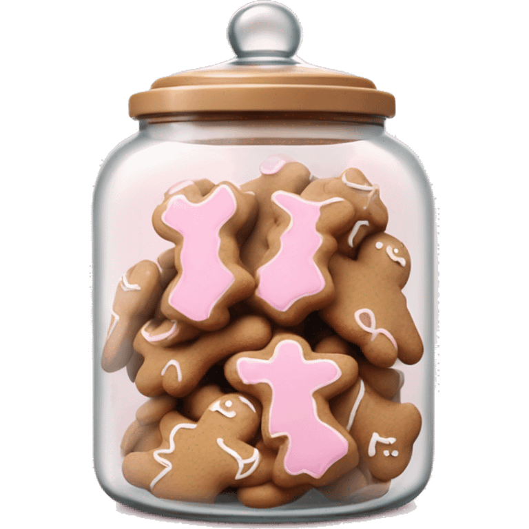 Realistic glass cookie jar with light pink lid full of gingerbread cookies isolated.  emoji