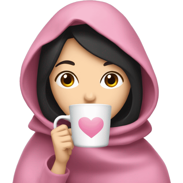 Pale White girl with black hair and dark brown eyes pink blanket over her head and shoulders drinking coffee emoji