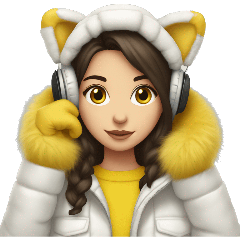 brunette girl yellow fur headphones white down jacket and yellow mittens emoji