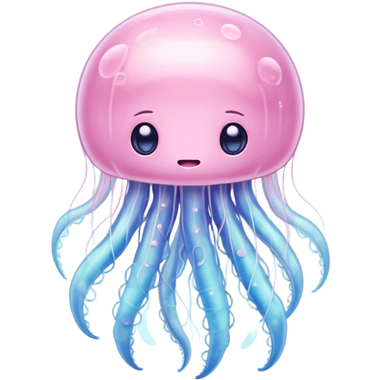 Cinematic floating kawaii jellyfish, tiny round body, soft glowing tentacles, pastel pink and blue hues, delicate sparkling highlights, dreamy and adorable. emoji