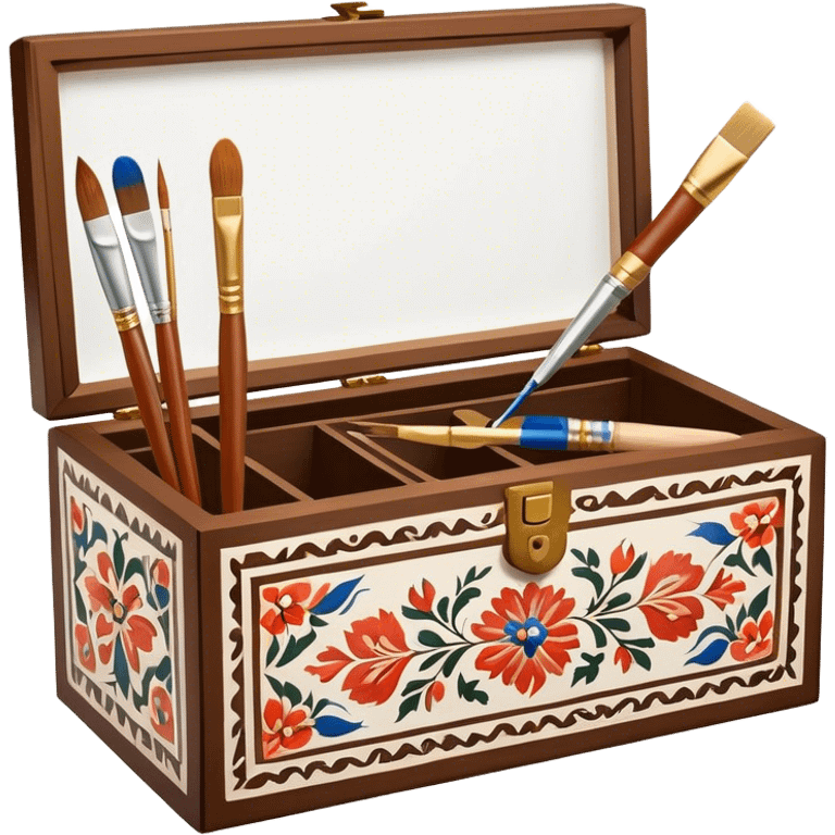 Wooden box painting icon, traditional Russian Palekh or Khokhloma patterns being painted on a wooden box, paintbrush and fine details visible, the box in the process of decoration, visible tools like brushes and paints, minimalistic style, clean lines, transparent background. emoji