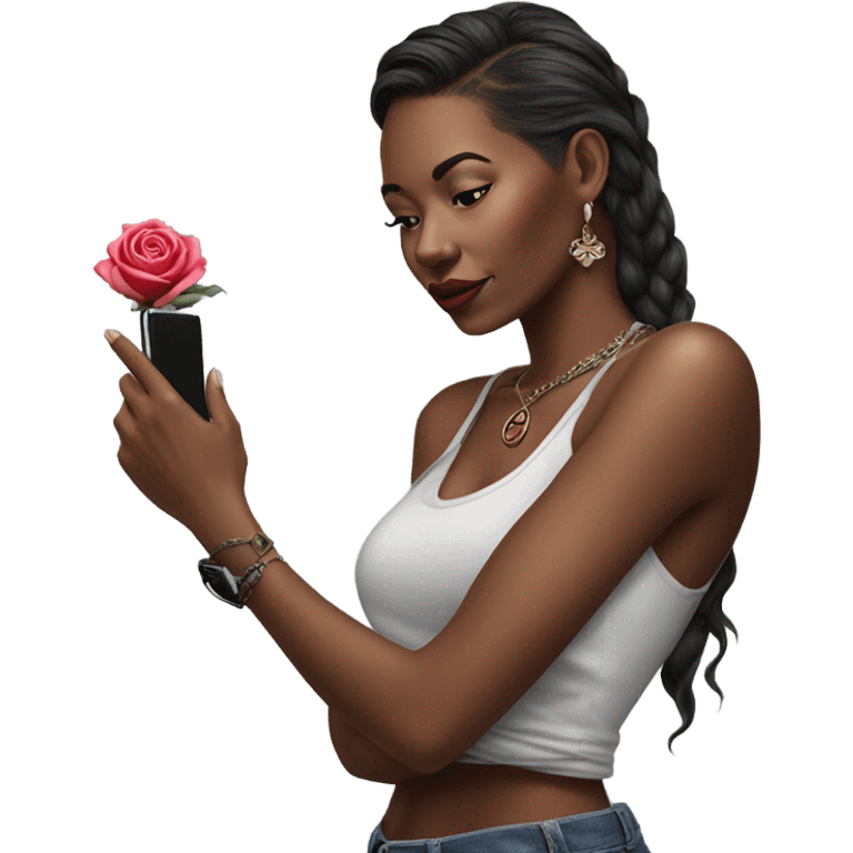 Hyper Realistic beautiful woman model with a small rose tattoo talking on a phone  emoji