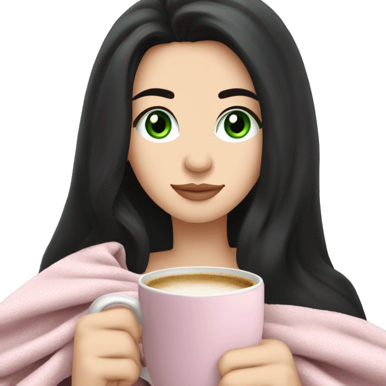 A pretty white girl with very long black hair and green eyes in a light pink blanket sipping coffee emoji