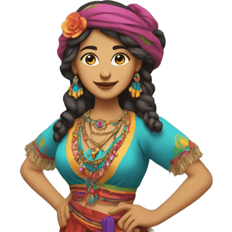 Create an image of a gypsy wearing colorful clothing and traditional accessories, depicting her full body and typical gestures of her culture emoji