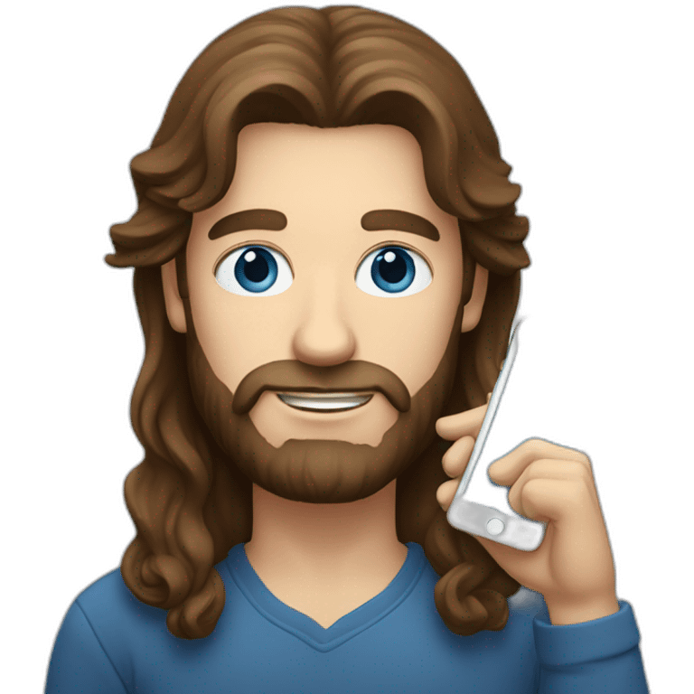 man with brown long hair, a beard and blue eyes holding an iphone emoji