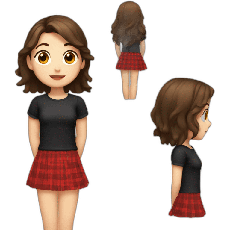 2d girl with brown hair and brown eyes a black shirt and a red checked skirt sitting emoji